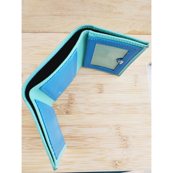 Tumi Tri Fold Leather Wallet Green Blue Card Carrier Organizer Zipper Pocket - Picture 9 of 9